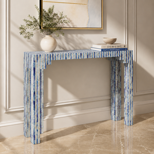 Blue White Bone Inlay <b>Solid</b> <b>Wood</b> Handmade Modern Console Table Entryway End Table Hallway Accent <b>Desk</b> for Living Room - Product Image 2