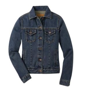 Chaqueta Vaquera Azul Oscuro para Mujer con Gran Escudo Bordado en Verde y Dorado, Cierre de Botones, Manga Larga, Estilo Casual Clásico - Product Image 1