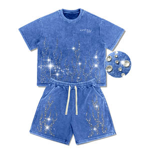 Ensembles de T-shirts pour hommes en coton éponge 480 GSM avec strass, logo frontal, style Hip Hop, manches courtes, séchage rapide, col rond, streetwear, coupe oversize - Product Image 1