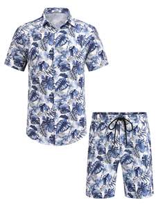 Ensemble chemise et short pour homme, imprimé tropical bleu, manches courtes, boutonné, style hawaïen, tenue de plage estivale en deux pièces - Product Image 1