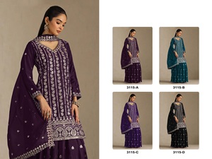 Ensemble Designer Top Palazzo Sharara Dupatta en Chinon Lourd avec Broderie de Sequins et de Zari Très Riches - Product Image 5