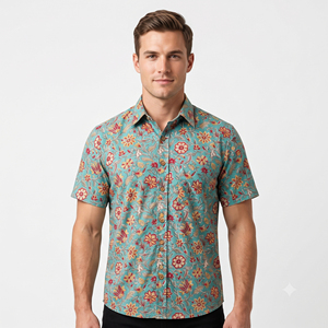 Men Floral Print <b>Short</b> <b>Sleeve</b> Shirt 100% Cotton Knitted Casual <b>Button</b> <b>up</b> Summer Wear ODM Breathable - Product Image 1