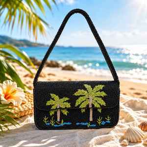 Black Beaded Storage <b>Bag</b> Shoulder <b>Bag</b> Palm <b>Tree</b> Embroidered Crossbody Handbag Handmade Seed Bead Purse Wedding Party Fashion <b>Bag</b> - Product Image 1