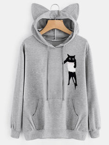 Sweat-shirt décontracté en coton noir pour femme, avec oreilles de chat, imprimé dessin animé, poche avant, vente en gros, best-seller, personnalisable, hiver uni - Product Image 4
