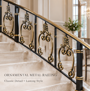 Rampe d'escalier en métal noir d'inspiration patrimoniale avec balustres dorés pour escaliers imposants et grands intérieurs - Product Image 4