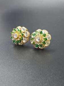 925 Sterling <b>Silver</b> Polki <b>Stud</b> Earrings Nano Green Flower Shape Indian Jewelry for Women - Product Image 3