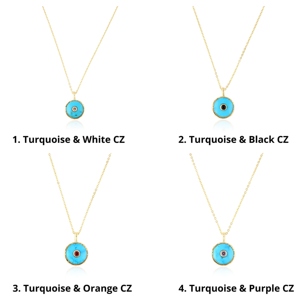 Collier minimaliste avec pendentif rond en turquoise bleue et micro-zirconiums, plaqué or 18 carats, texture finition collet. - Product Image 2