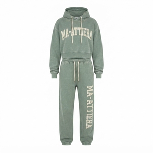 Custom Women Sage Green Acid Wash <b>Cropped</b> Hoodie <b>Jogger</b> Set Cotton Fleece Streetwear Tracksuit OEM Wholesale - Product Image 3
