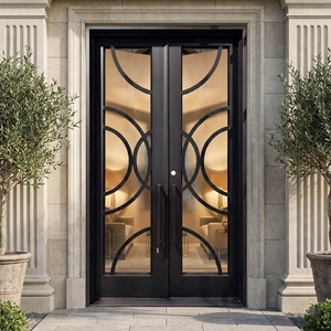 Porte d'entrée contemporaine en fer forgé avec panneaux de verre géométriques et un design résistant à la rouille, adaptée à une utilisation extérieure - Product Image 3