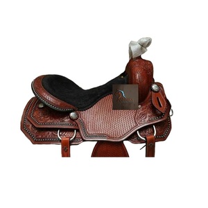 Western Brown Leather Basket Wave & Floral Hand Tooling Designed Barrel Horse Racing Saddle Black Suede Seat <b>Studded</b> 10" to 18" - Product Image 2