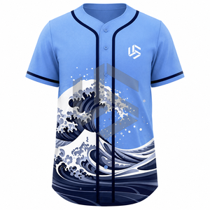 เสื้อเบสบอลแบบซับลิเมชั่นสั่งทำพิเศษสำหรับทุกเพศ สีฟ้าอ่อน ลายคลื่น ติดกระดุม แขนสั้น ระบายอากาศได้ดี ซับเหงื่อ ไซส์พลัส สำหรับทีม - Product Image 3