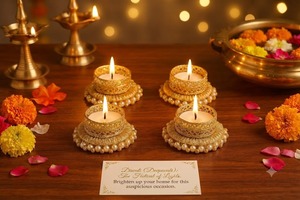 Support de bougie chauffe-plat en métal doré artisanal indien pour le festival Diwali, avec base et bordure en perles – Écologique, pour Noël et anniversaires - Product Image 2