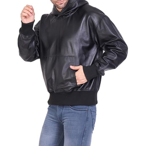 Chaqueta de cuero para hombre, estilo bomber, con capucha, de piel auténtica, informal, estilo urbano, con cremallera, a la moda, al por mayor - Product Image 2