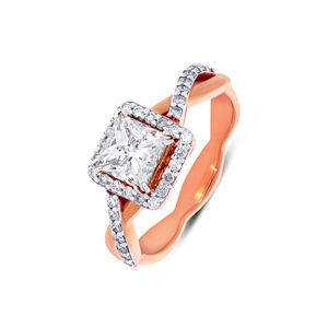 Anillo Solitario de Oro Rosa de 18K, Elegante Anillo con Halo de Diamante Cultivado en Laboratorio con Corte Princesa, Banda Trenzada de Oro Rosa, Anillo de Compromiso Nupcial - Product Image 1