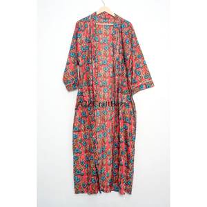 Hermoso Kimono Largo de Algodón Estampado a Mano con Cierre de Cinturón para Dormir por la Noche, Bata para Mujer con Estampado Floral - Product Image 1