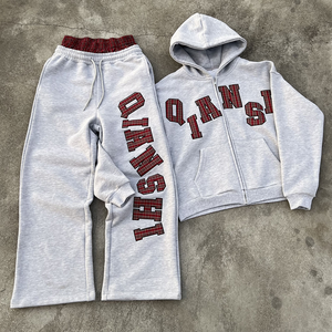 Men's Gray Cotton Hooded Tracksuit <b>Full</b> <b>Zip</b> <b>Sweatshirt</b> With Letter Print Loose Fit Casual Autumn Wear - Product Image 5