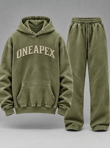 Conjunto de Sudadera con Capucha y Pantalones Deportivos para Hombre, Color Verde Oliva, Estilo Oversize, Lavado Ácido, Algodón Grueso, Ropa Deportiva Urbana, Marca Privada Personalizada - Product Image 4