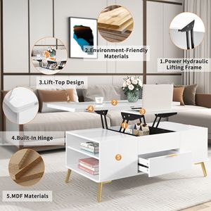 Mesa de Centro Moderna Multifuncional con Tapa Elevable y Cajones, Mueble Versátil - Product Image 6