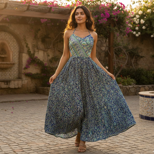 Vestido Largo de Seda Habotai Hecho a Mano de Lujo, Alta Calidad, Cuello Halter, Tirantes Finos, Abertura Lateral, Espalda Descubierta, Estampado Étnico para Mujer - Product Image 5