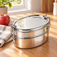 Boîte à lunch ovale à double étage en acier inoxydable, récipient alimentaire étanche avec couvercle pour adultes, école, bureau