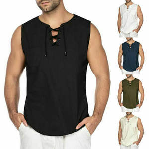 Camisetas sin mangas de lino y algodón de alta calidad para hombre, estilo casual, color liso, con cordones, chaleco sin mangas, nueva moda, color liso. - Product Image 1