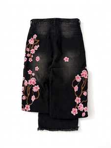 Pantalones de forro polar negros de cintura baja y pierna ancha para mujer con aberturas y bordado rosa, ajuste holgado, largo hasta el tobillo, informales, para invierno - Product Image 3