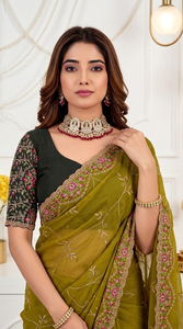 Sari en soie vert olive pour femme, broderie florale rose, tenue de mariage indienne traditionnelle, longueur ras du sol, coupe classique, protection solaire - Product Image 5