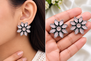 Pendientes de tuerca con engaste floral bohemio de latón con diseño de flor y garantía comercial para mujer |   Plata Antigua Plateada de Estilo Vintage para Aniversario - Product Image 3