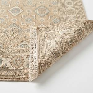 Alfombra Oushak Geométrica Anatolia Vintage, Alfombra de Lana Beige Hecha a Mano para Decoración de Interiores de Lujo - Product Image 2