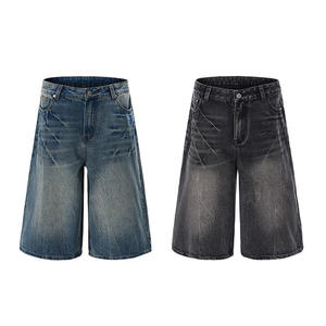 Pantalones Cortos de Mezclilla de Algodón Lavado Oscuro, Estilo Vintage, Holgados y Desgastados, Personalizados, para Hombre, Moda Urbana de Verano - Product Image 1