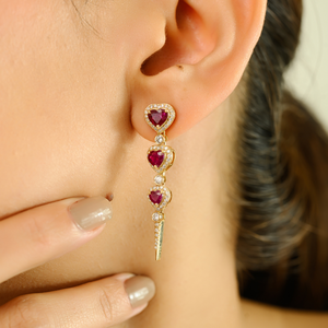 New Arrivals Top Grade Quality Ruby & Diamond Real K18 Yellow <b>Gold</b> Trio Heart Long <b>Dangle</b> <b>Earrings</b> Valentine's Day Gift Jewelry - Product Image 2