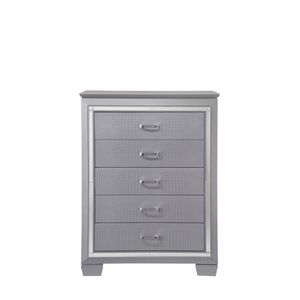 Cómoda Moderna Alta de Cinco Cajones con Herrajes Cromados y Detalles de Cristal Sintético, Acabado Plateado con Detalles de Espejo - Product Image 1