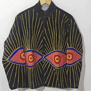 Black <b>Stand</b> Collar Kimono Jacket With Hand Embroidered Eye Pattern Full Sleeve <b>Drop</b> Shoulder Autumn Wear - Product Image 5