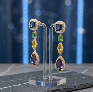 Designer Multi Gemstone <b>Earrings</b> with CZ 925 Sterling Silver 18K <b>Gold</b> Plated 6 Inch Long <b>Dangle</b> <b>Earrings</b> Ethnic Jewellery - Product Image 3