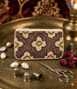 Beaded Cosmetic Pouch With Floral Pattern In Brown And Cream Colors Handcrafted For Women's Accessories - Product Image 1