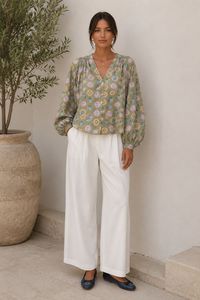 Camisa de Verano para Mujer de Oficina, con Estampado de Loto en Espiral, Cuello en V, Manga Abullonada, de Secado Rápido - Product Image 4
