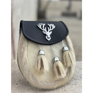 Handmade Black White Fur with <b>Stag</b> <b>Head</b> Antique Leather Kilt Sporran Top Selling Traditional Scottish Pouches and Bags - Product Image 6