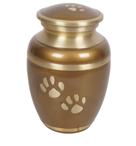 Urna para mascotas color marrón dorado. Disponible en tres tamaños, la más vendida. Urna moderna de lujo para cremación de mascotas con huella de pata para funeral. - Product Image 1