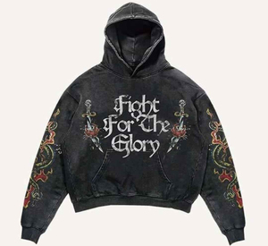 Sudadera con Capucha Estampada Fight For The Glory para Hombre, Estilo Urbano Oversize, Algodón Negro French Terry, Manga Regular, Ropa de Otoño - Product Image 1