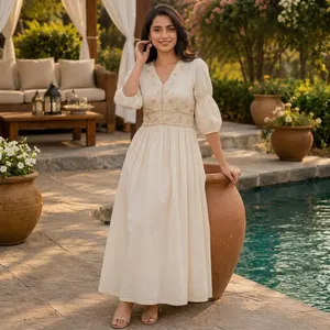 เดรสยาวผ้าฝ้ายปักลายครีมสำหรับผู้หญิง คอวี แขนสามส่วน ทรงหลวม สวมใส่สบายๆ แบบเรียบร้อย เหมาะสำหรับใส่ทุกวัน สไตล์ชาติพันธุ์อินเดีย ปากีสถาน - Product Image 4