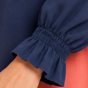 Conjunto de Blusa Bordada y Falda Maxi para Mujer, Color Azul Marino y Coral, Manga Larga, Cierre de Botones, Cintura Alta, Dos Piezas, OEM - Product Image 4