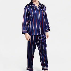 Ensemble de pyjamas rayés à manches longues en gros, taille XL personnalisée pour hommes, douceur soyeuse en soie glacée, vente directe, tissu satiné, vêtements de nuit tendance - Product Image 6