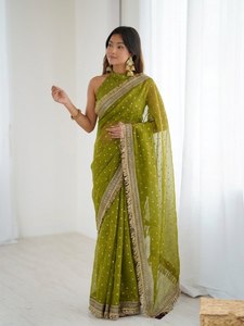 Sari en organza de soie de luxe pour femmes, bordure brodée Zari, chemisier |   Collection de saris traditionnels indiens pour mariages et fêtes - Product Image 2