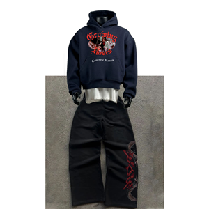 Ensemble sweat à capuche et pantalon de survêtement pour homme, coupe ample, effet délavé, imprimé design personnalisé, style mode - Product Image 2