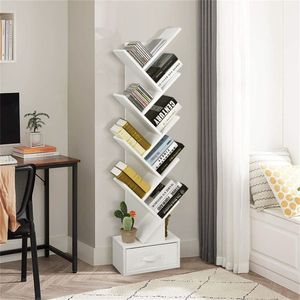 Libreria Moderna Bianca con 10 Ripiani e Cassetto Pieghevole in Tessuto - Design Angolare Salvaspazio - Product Image 2