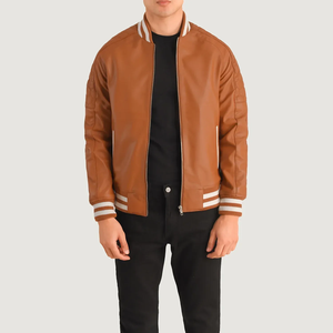 Men's Brown PU <b>Leather</b> Bomber <b>Jacket</b> Regular Fit Turn-Down Collar Zipper Closure Solid Color Casual Style Autumn Wear - Product Image 1