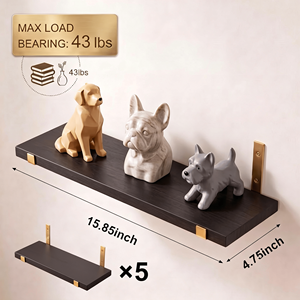 5 Pack Black Floating <b>Shelves</b> with Gold Brackets 15.85" <b>Rustic</b> Paulownia <b>Wood</b> Wall Mounted <b>Shelf</b> Set - Product Image 2