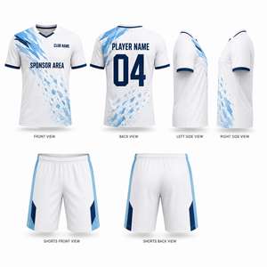 ชุดเสื้อฟุตบอลแบบสั่งทำพร้อมตราสัญลักษณ์ทอเอง ผ้าโพลีเอสเตอร์แห้งเร็วแบบตาข่าย คอเสื้อและปลายแขนเสื้อแบบตัดกัน ขายส่ง OEM รับผลิตตามแบบส่วนตัว - Product Image 2