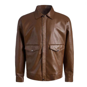 Veste en cuir véritable marron pour homme, col rabattu, coupe classique, couleur unie, fermeture à boutons, vêtement d'automne - Product Image 1