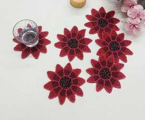 A set of 6 handmade red flower-shaped beaded coasters. - Product Image 3